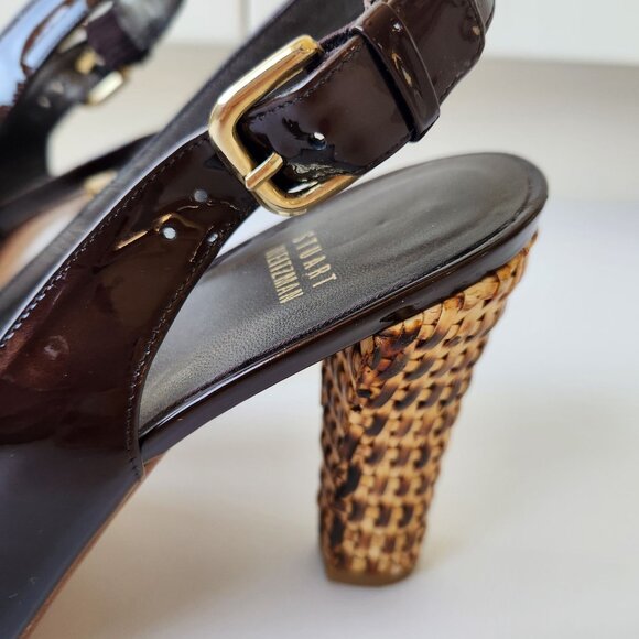 Stuart Weitzman Brown Patent Leather Slingback Heels Woven Block Heel Bows 9.5 M - Picture 9 of 15
